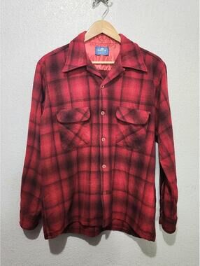 Montblanc Mens Red and Black Buffalo Check Wool Blend Plaid Flannel Shirt Size L